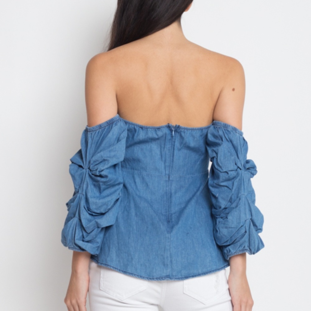 FLASH SALE!! Denim Bustier Tie Top Puff Sleeve - Picture 5 of 6